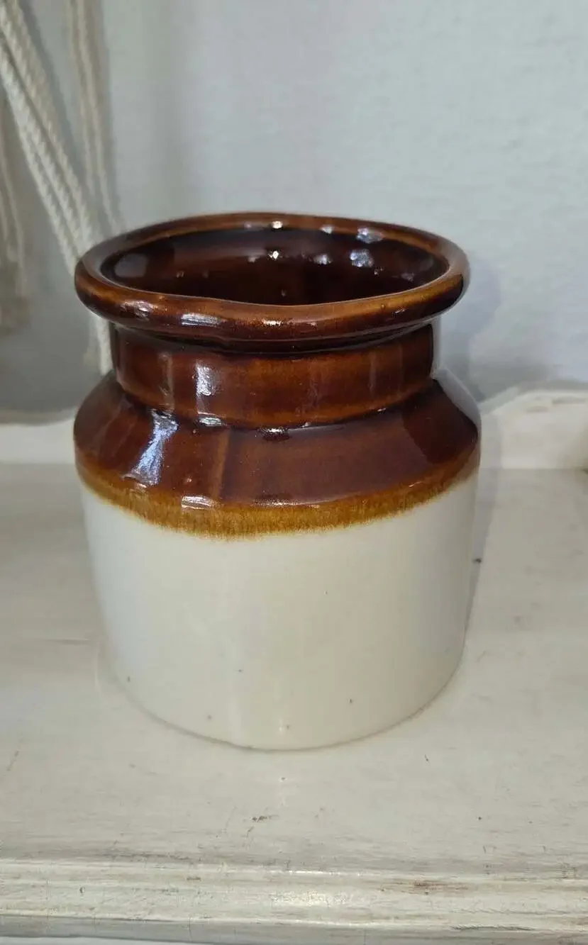 Vintage Burnham & Morrill Co B&M Brown and White Glazed Stoneware Bean Pot Crock